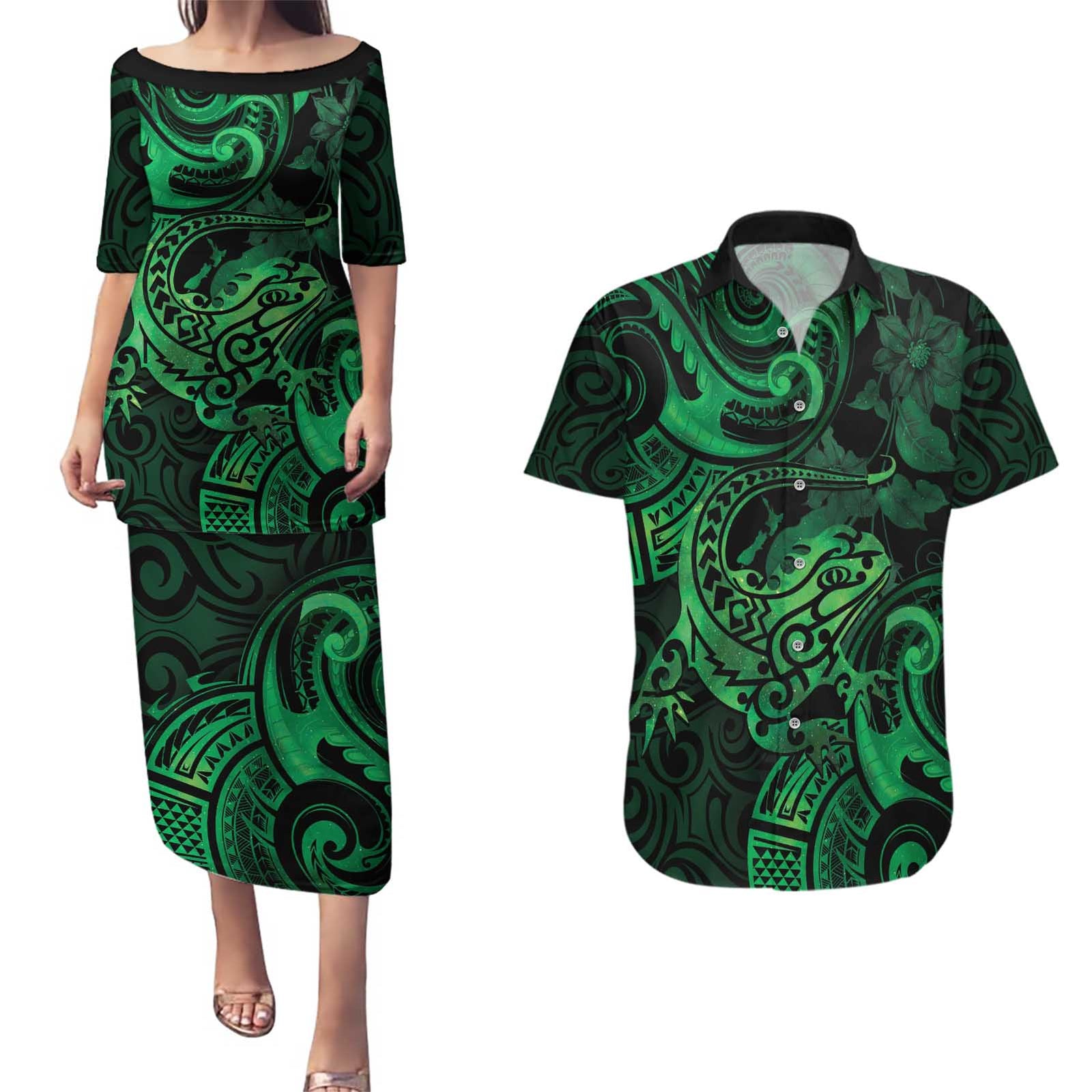 New Zealand Tuatara Couples Matching Puletasi and Hawaiian Shirt Aotearoa Maori Clematis Flowers - Green LT14 Green - Polynesian Pride