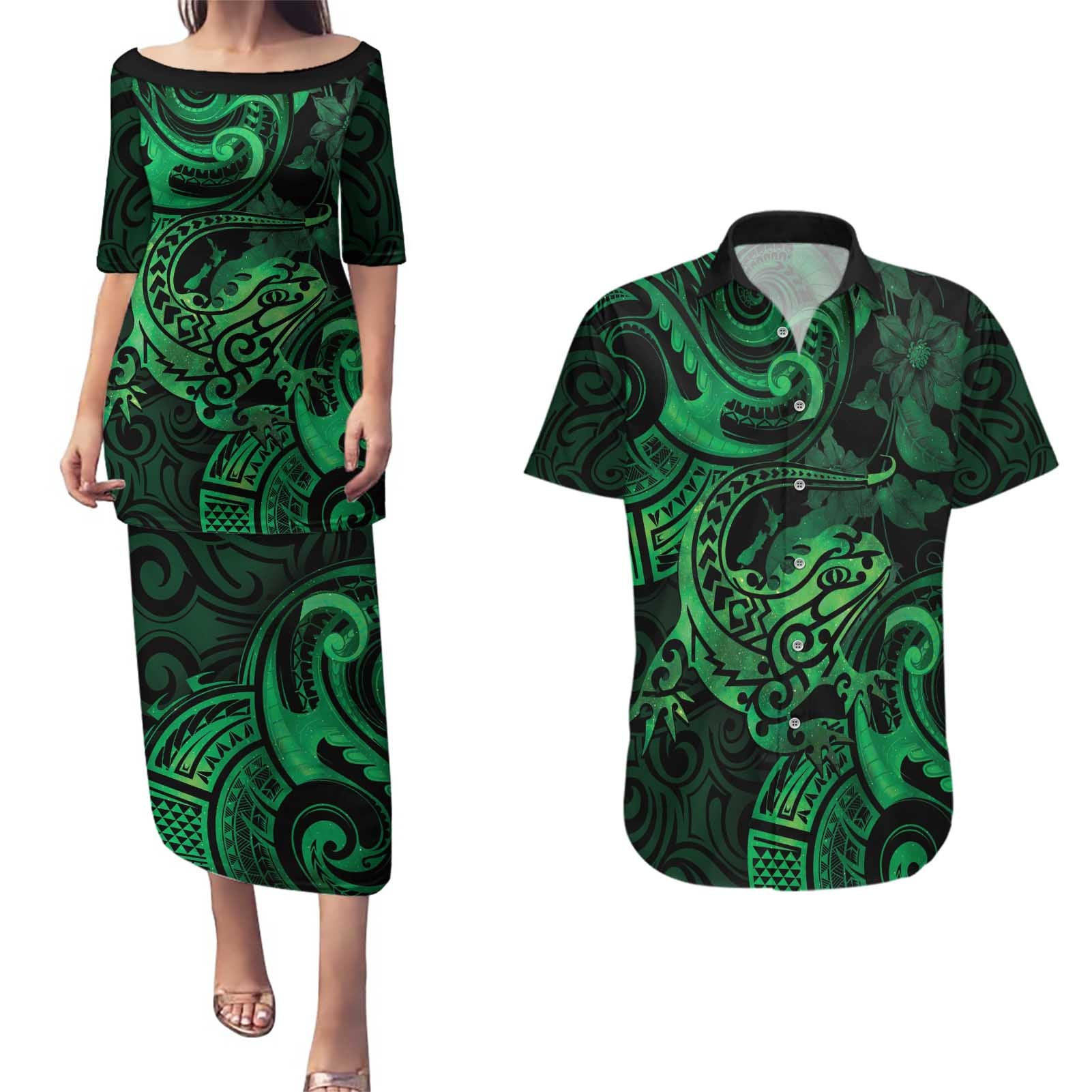 New Zealand Tuatara Couples Matching Puletasi and Hawaiian Shirt Aotearoa Maori Clematis Flowers - Green