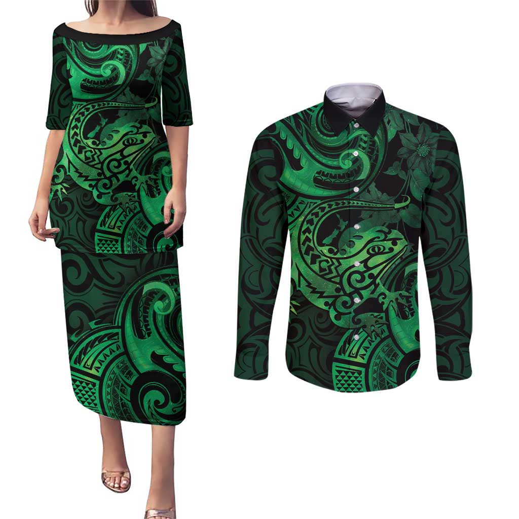 New Zealand Tuatara Couples Matching Puletasi and Long Sleeve Button Shirt Aotearoa Maori Clematis Flowers - Green