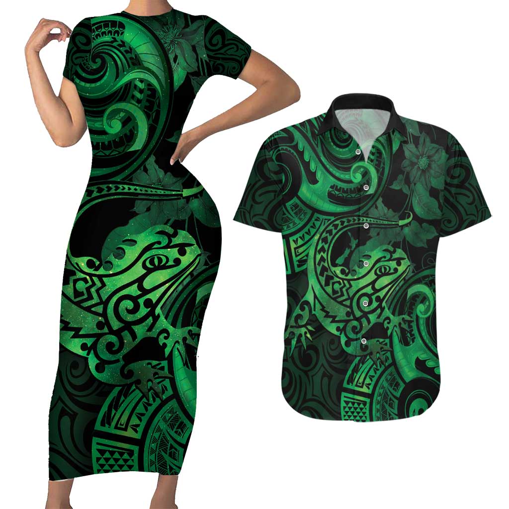 New Zealand Tuatara Couples Matching Short Sleeve Bodycon Dress and Hawaiian Shirt Aotearoa Maori Clematis Flowers - Green