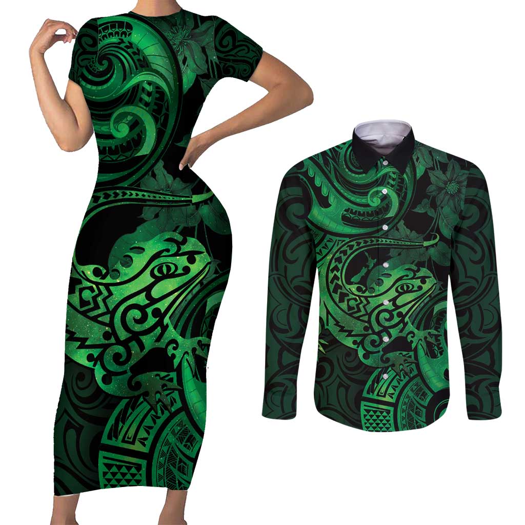 New Zealand Tuatara Couples Matching Short Sleeve Bodycon Dress and Long Sleeve Button Shirt Aotearoa Maori Clematis Flowers - Green