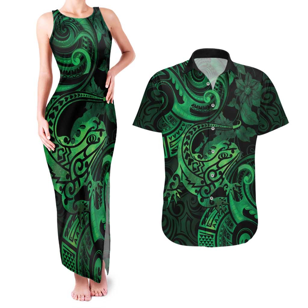 New Zealand Tuatara Couples Matching Tank Maxi Dress and Hawaiian Shirt Aotearoa Maori Clematis Flowers - Green