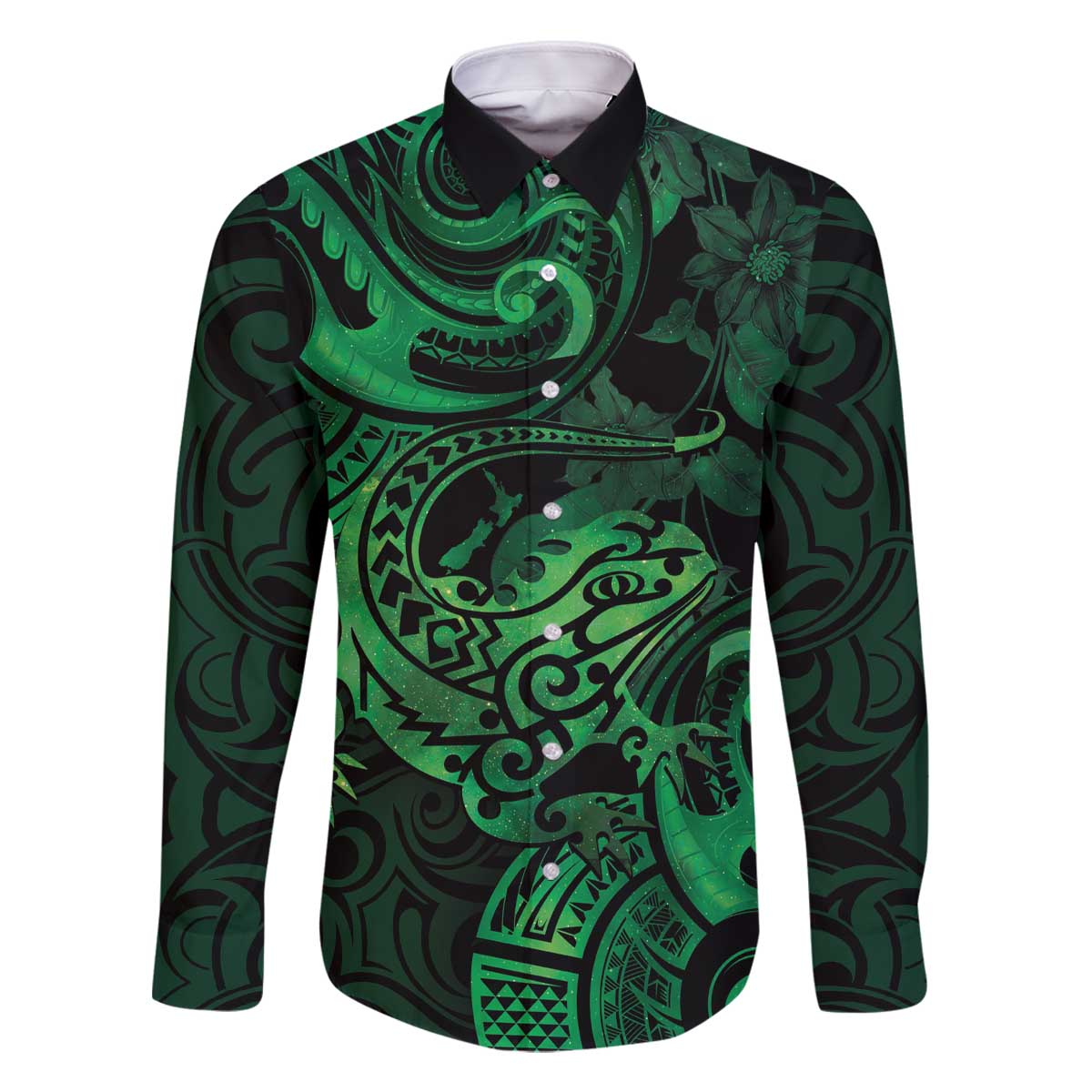 New Zealand Tuatara Family Matching Off The Shoulder Long Sleeve Dress and Hawaiian Shirt Aotearoa Maori Clematis Flowers - Green