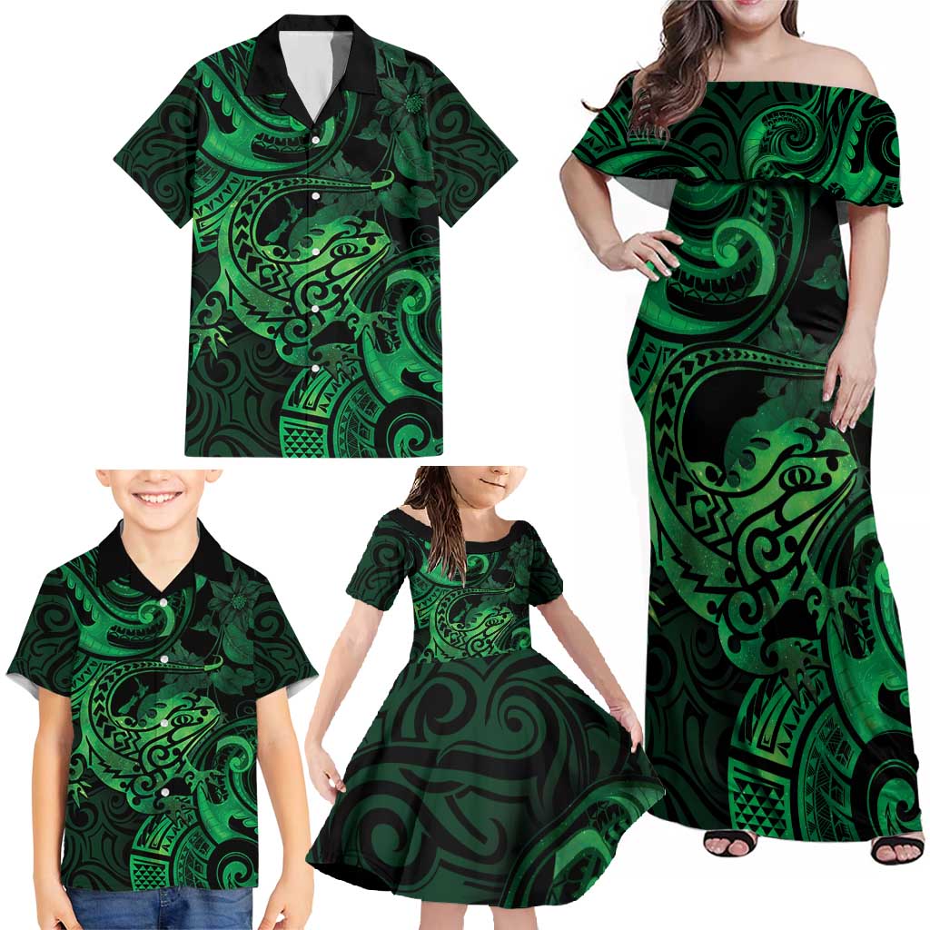 New Zealand Tuatara Family Matching Off Shoulder Maxi Dress and Hawaiian Shirt Aotearoa Maori Clematis Flowers - Green