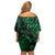 New Zealand Tuatara Family Matching Off Shoulder Short Dress and Hawaiian Shirt Aotearoa Maori Clematis Flowers - Green