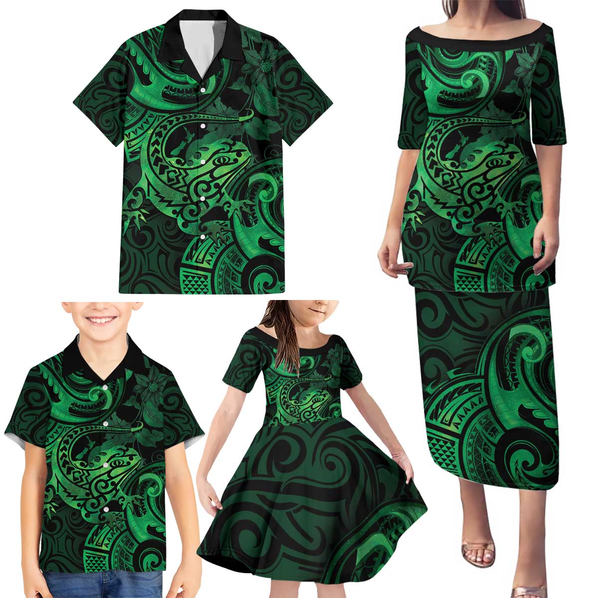 New Zealand Tuatara Family Matching Puletasi and Hawaiian Shirt Aotearoa Maori Clematis Flowers - Green