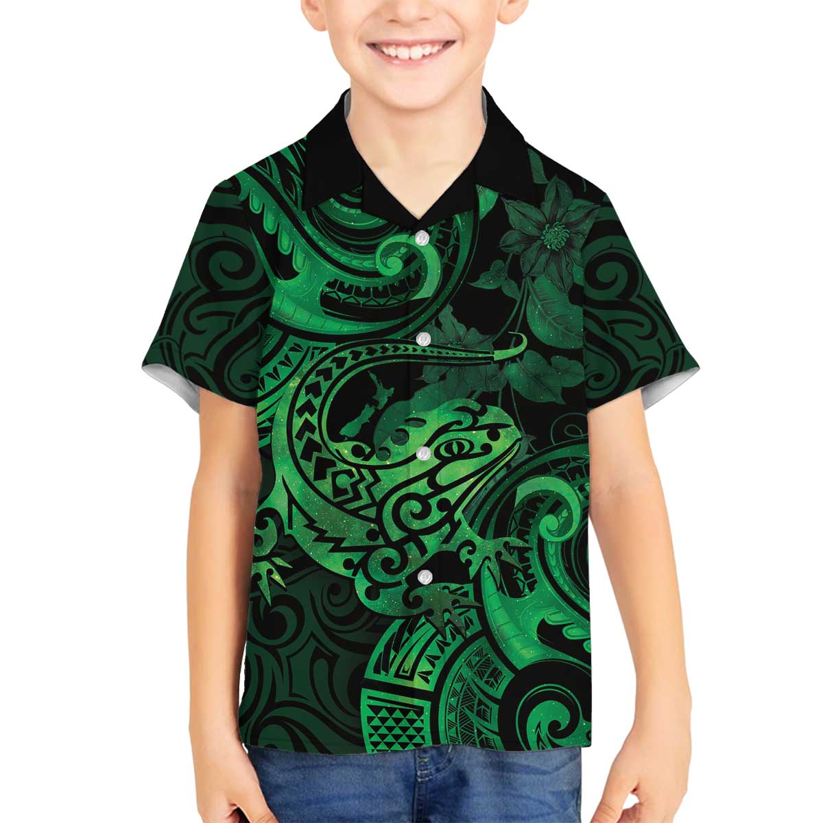 New Zealand Tuatara Family Matching Puletasi and Hawaiian Shirt Aotearoa Maori Clematis Flowers - Green