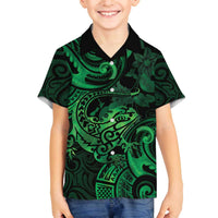 New Zealand Tuatara Family Matching Puletasi and Hawaiian Shirt Aotearoa Maori Clematis Flowers - Green
