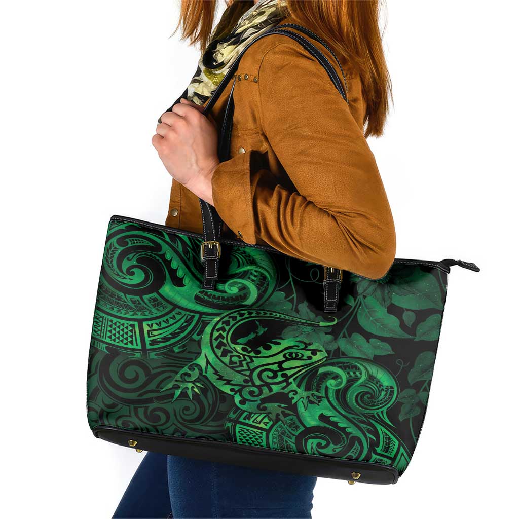 New Zealand Tuatara Leather Tote Bag Aotearoa Maori Clematis Flowers - Green LT14 Green - Polynesian Pride
