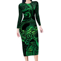 New Zealand Tuatara Long Sleeve Bodycon Dress Aotearoa Maori Clematis Flowers - Green
