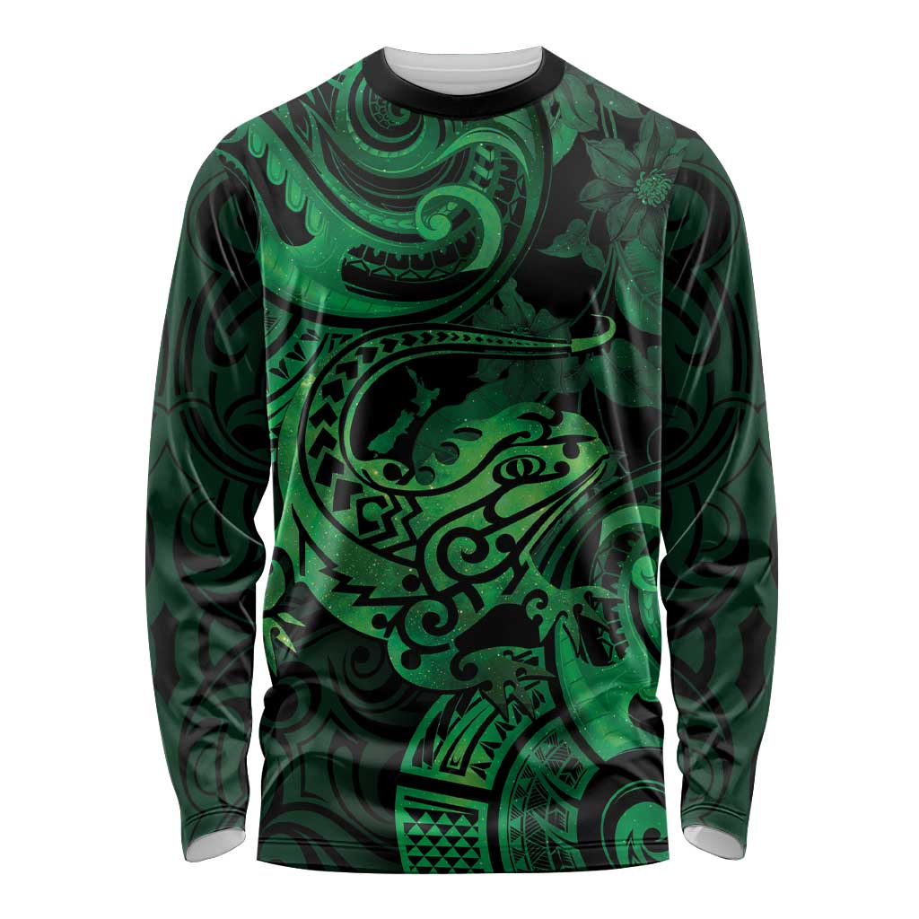 New Zealand Tuatara Long Sleeve Shirt Aotearoa Maori Clematis Flowers - Green