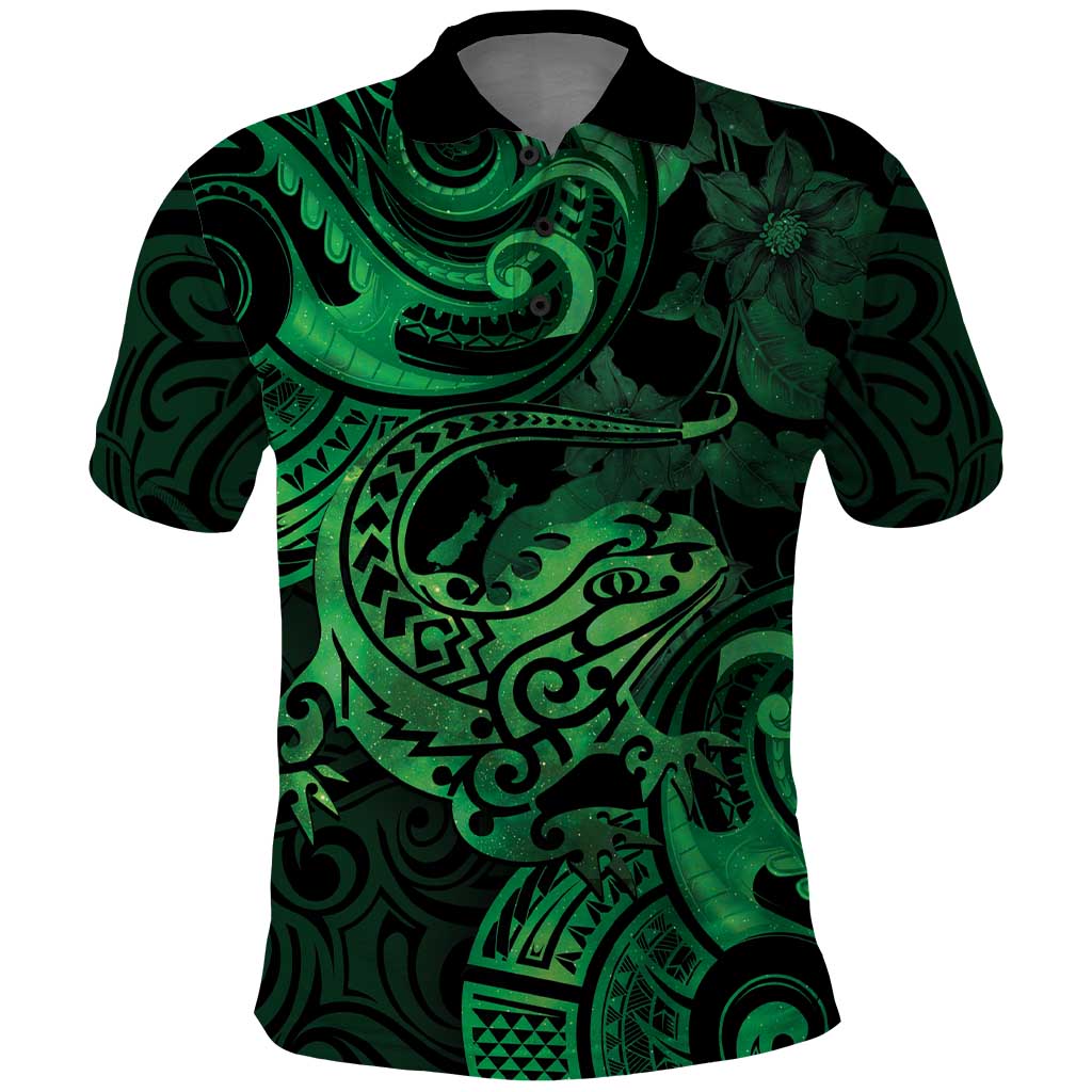 New Zealand Tuatara Polo Shirt Aotearoa Maori Clematis Flowers - Green