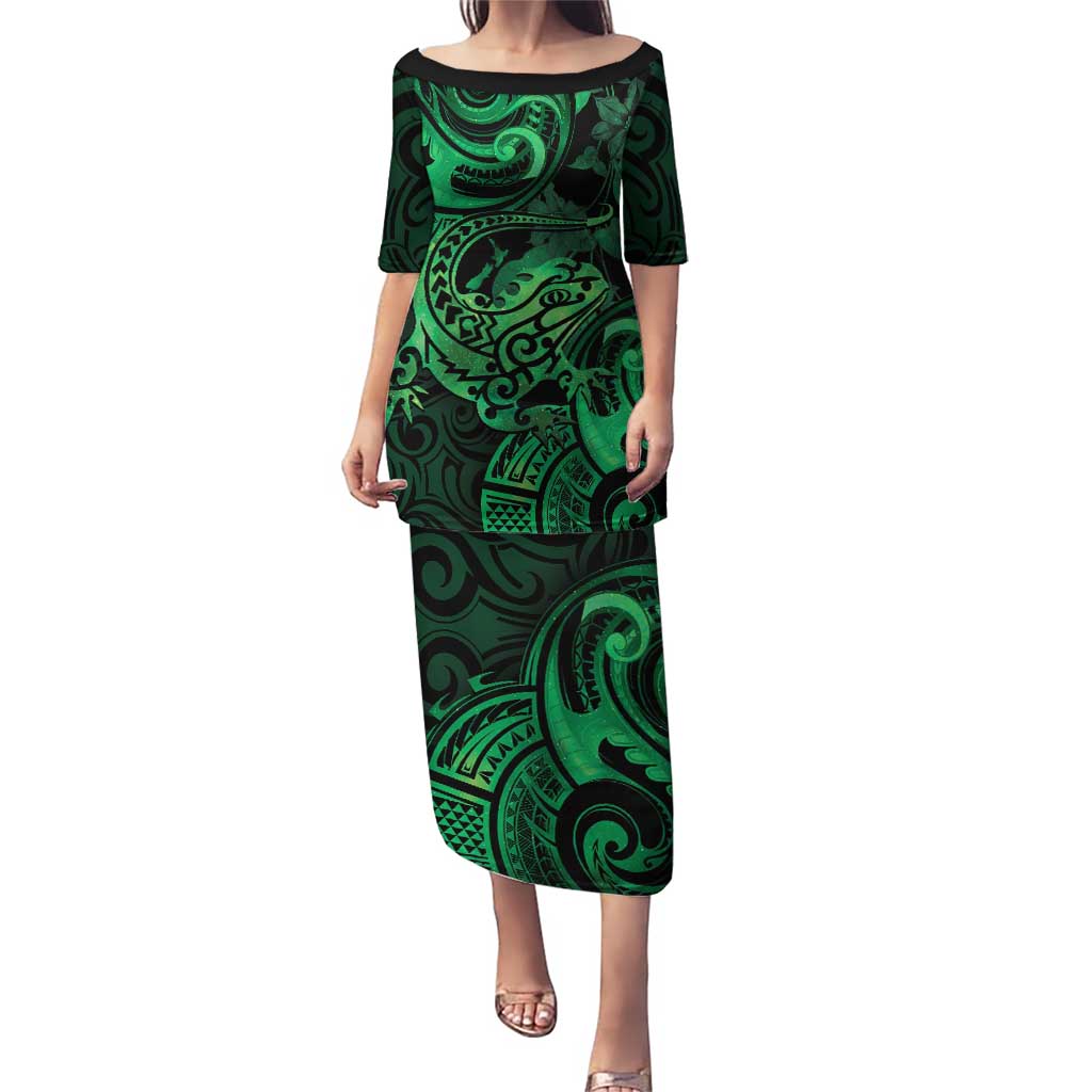 New Zealand Tuatara Puletasi Aotearoa Maori Clematis Flowers - Green LT14 Long Dress Green - Polynesian Pride