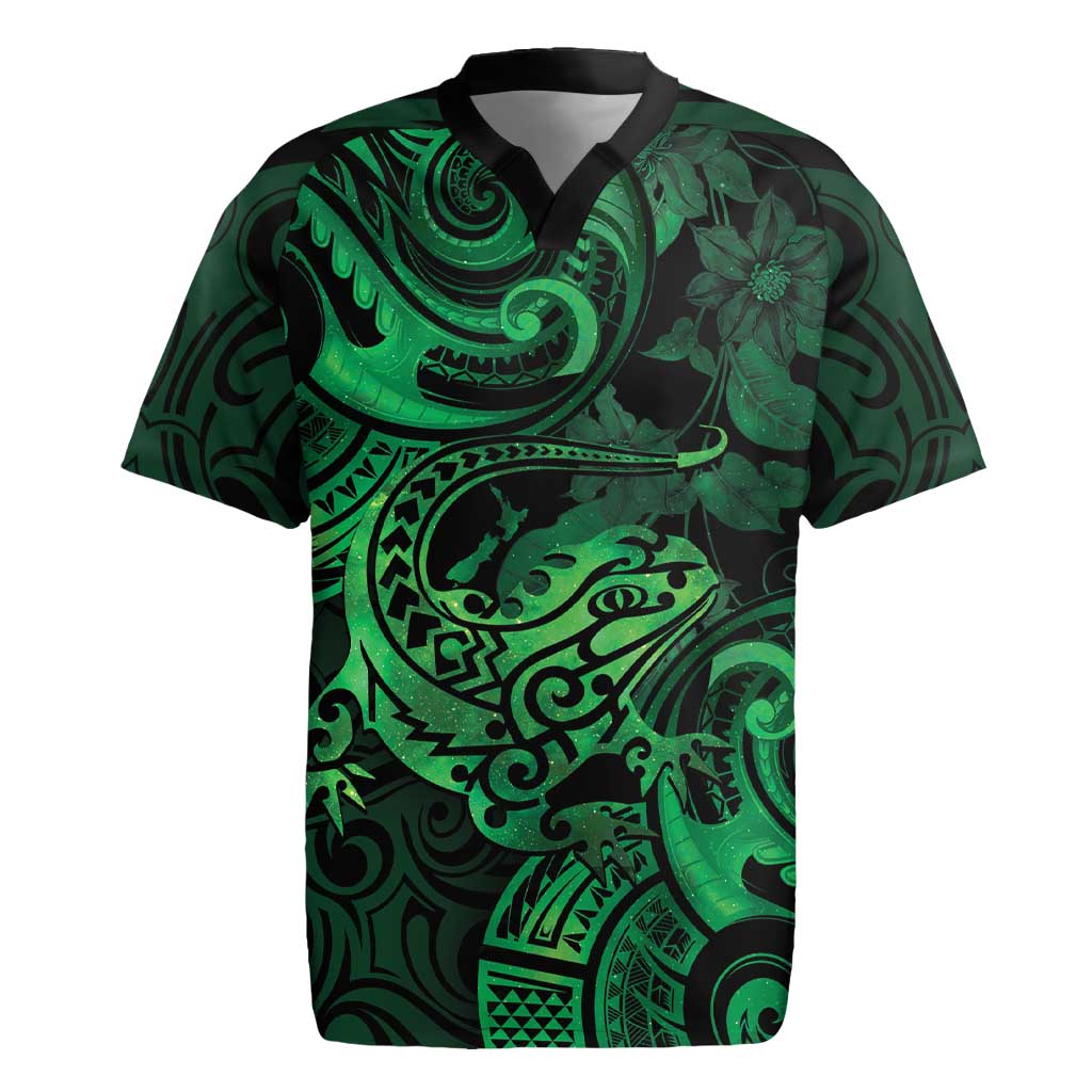 New Zealand Tuatara Rugby Jersey Aotearoa Maori Clematis Flowers - Green