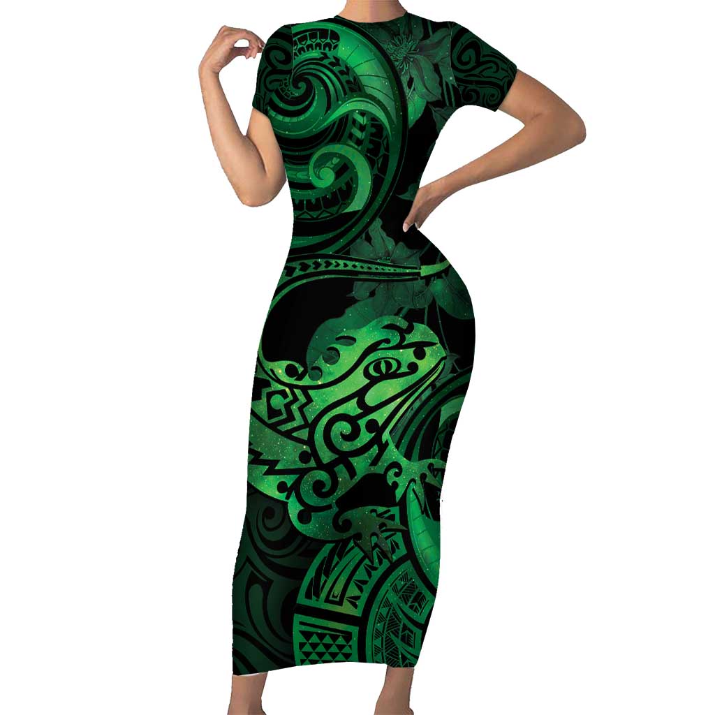 New Zealand Tuatara Short Sleeve Bodycon Dress Aotearoa Maori Clematis Flowers - Green