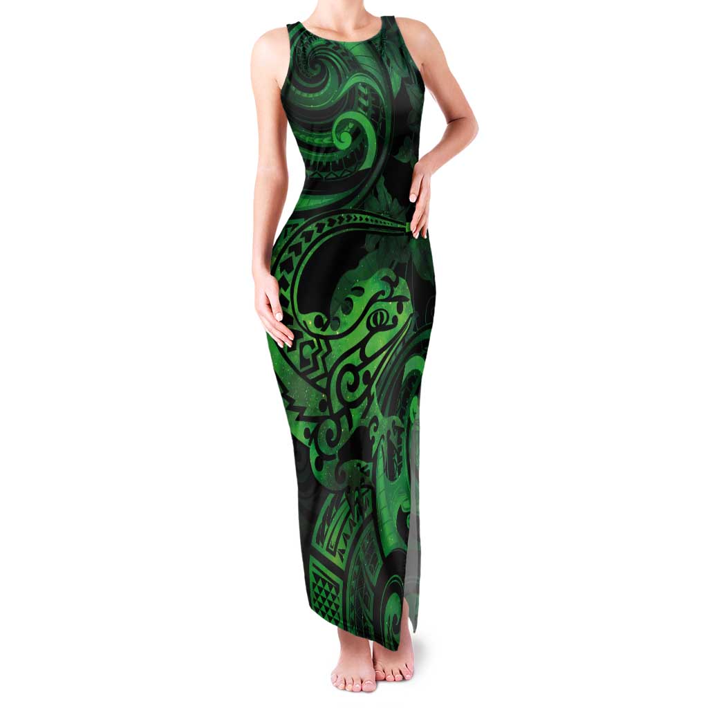 New Zealand Tuatara Tank Maxi Dress Aotearoa Maori Clematis Flowers - Green