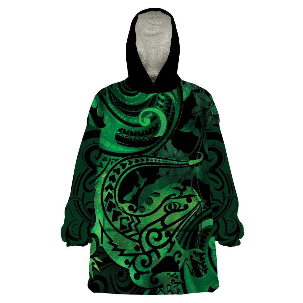 New Zealand Tuatara Wearable Blanket Hoodie Aotearoa Maori Clematis Flowers - Green LT14 One Size Green - Polynesian Pride