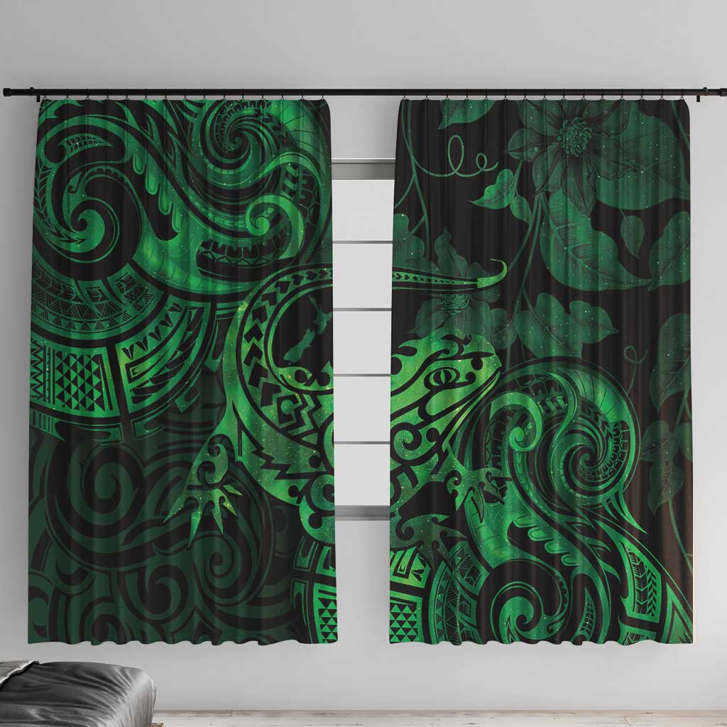 New Zealand Tuatara Window Curtain Aotearoa Maori Clematis Flowers - Green LT14 With Hooks Green - Polynesian Pride