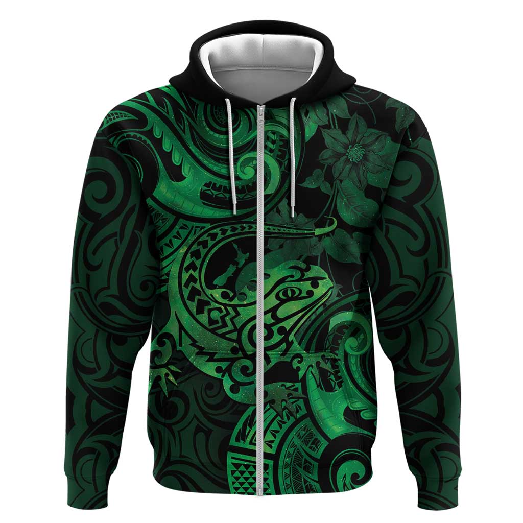 New Zealand Tuatara Zip Hoodie Aotearoa Maori Clematis Flowers - Green