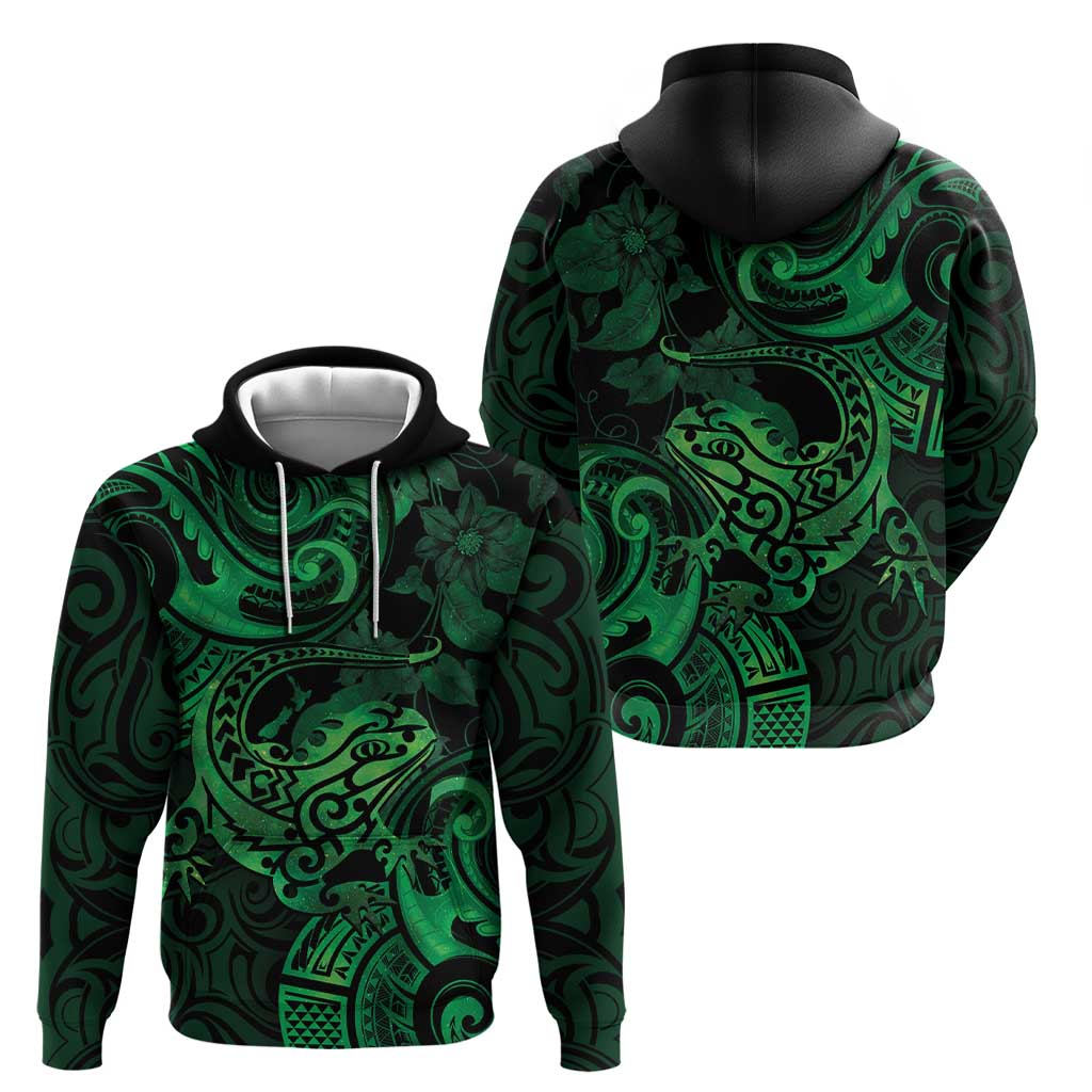 New Zealand Tuatara Zip Hoodie Aotearoa Maori Clematis Flowers - Green