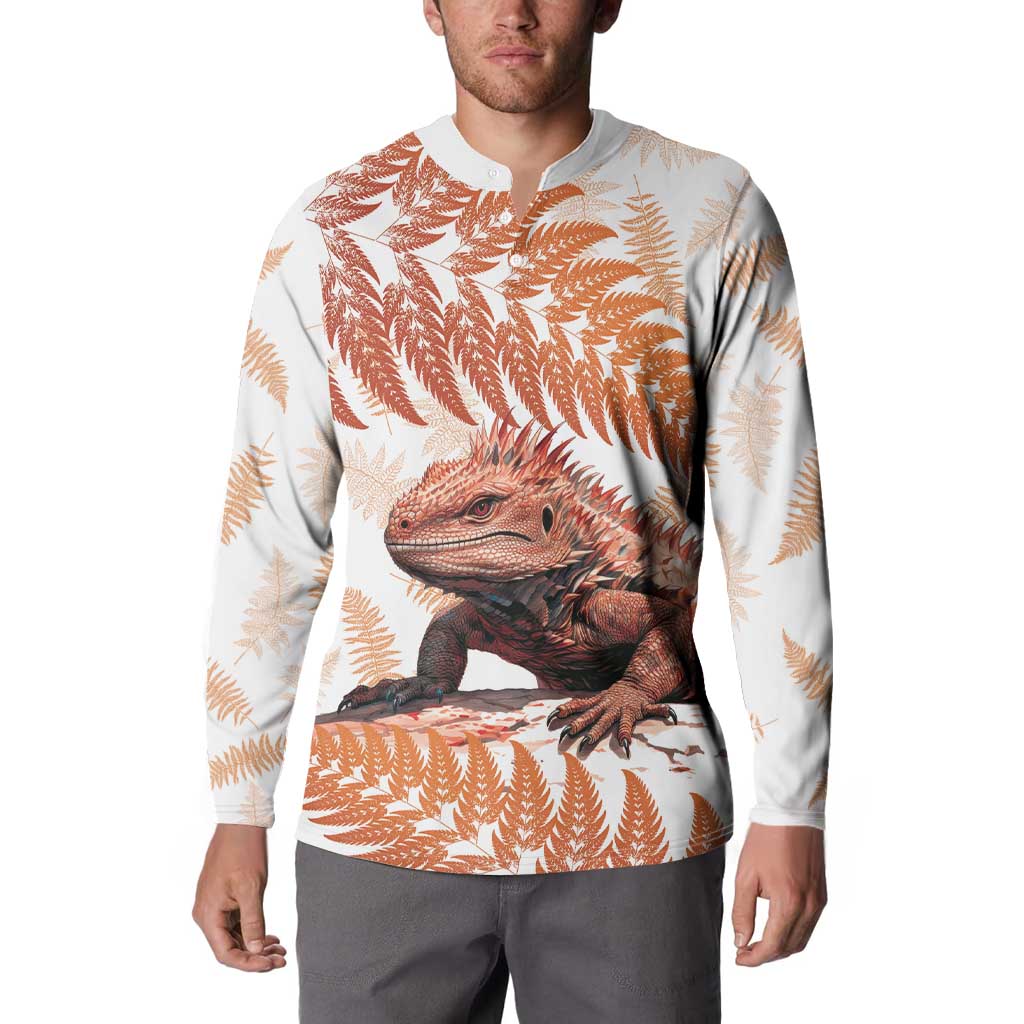 Red New Zealand Tuatara Button Sweatshirt Aotearoa Sphenodon Punctatus Silver Fern LT14 - Polynesian Pride