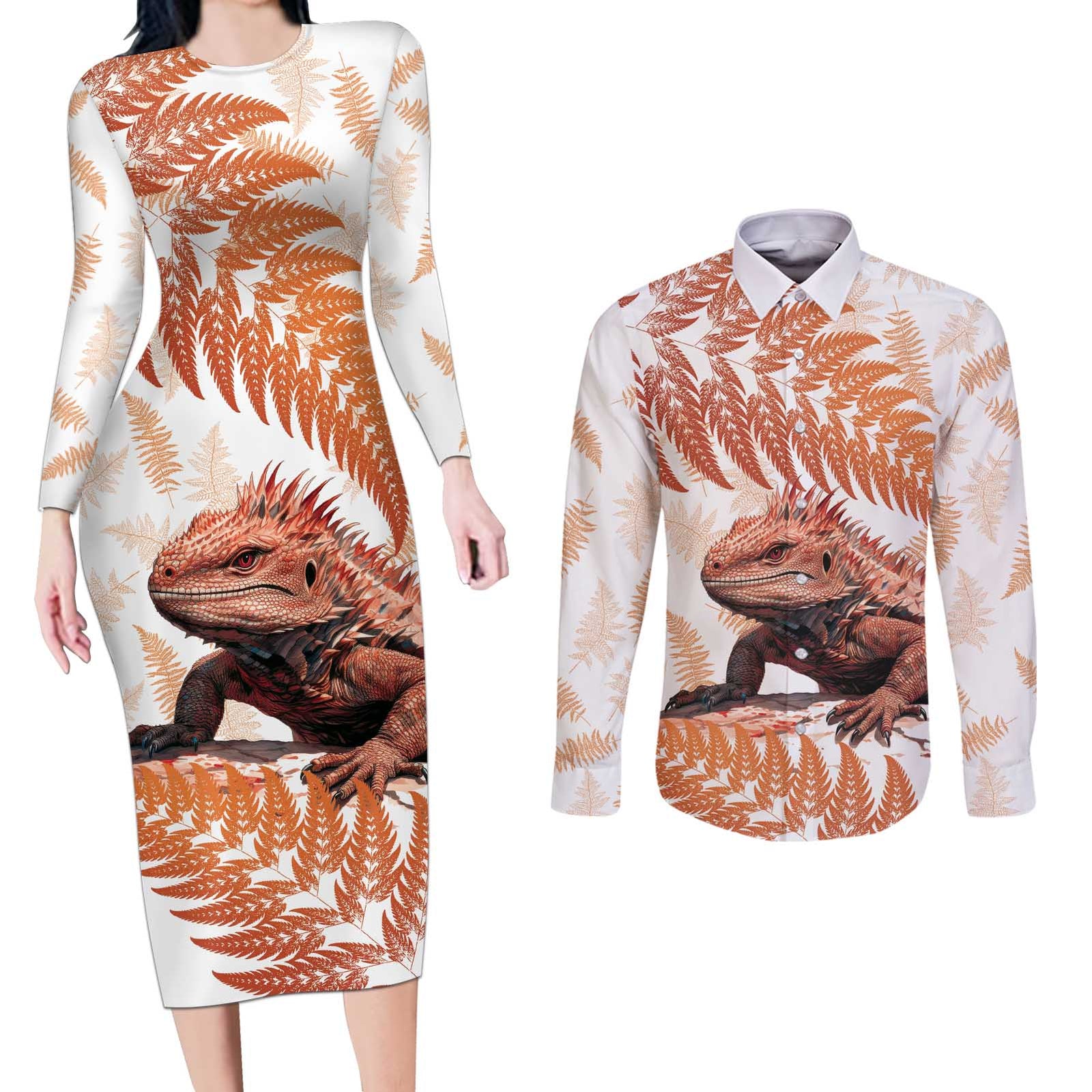 Red New Zealand Tuatara Couples Matching Long Sleeve Bodycon Dress and Long Sleeve Button Shirt Aotearoa Sphenodon Punctatus Silver Fern LT14 Red - Polynesian Pride
