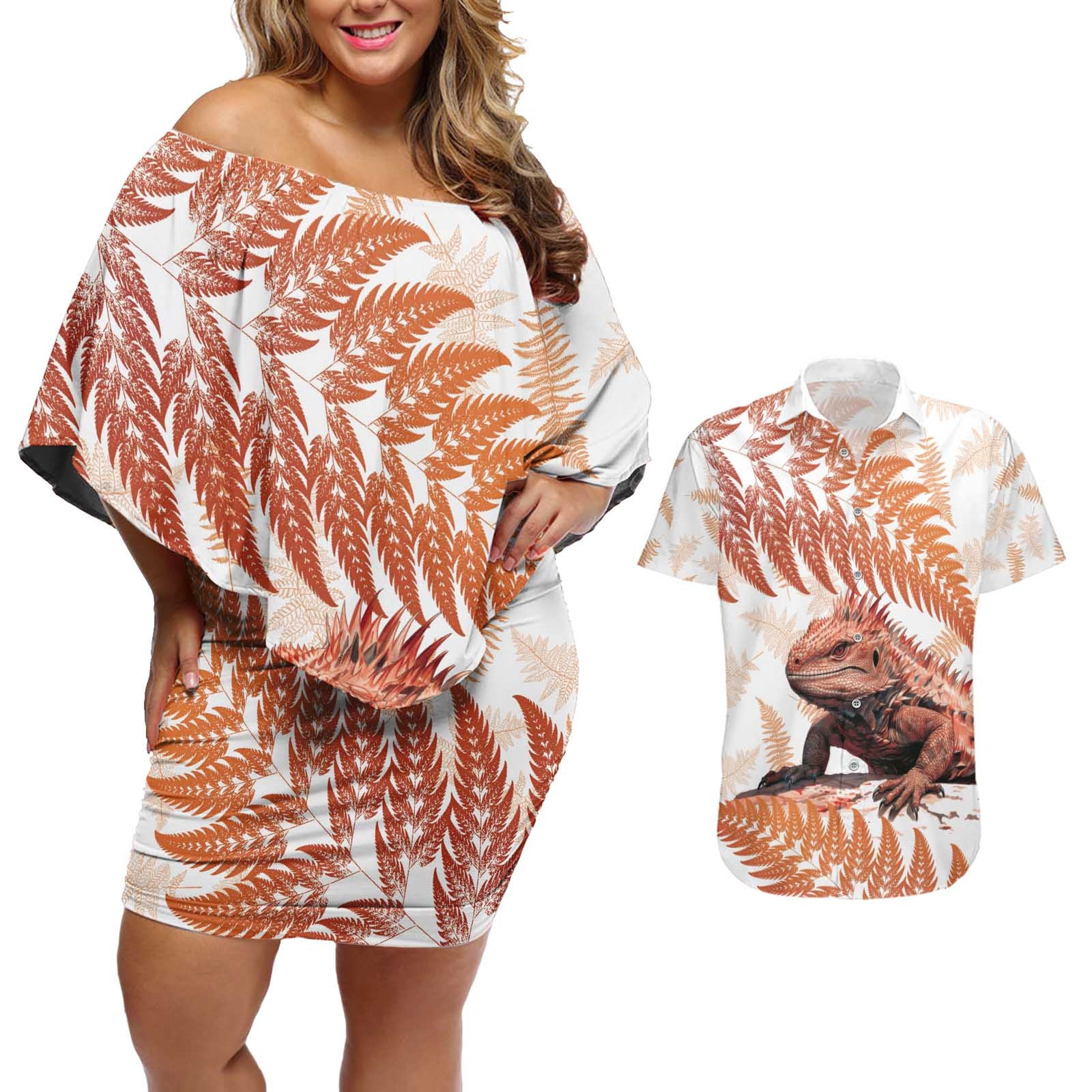 Red New Zealand Tuatara Couples Matching Off Shoulder Short Dress and Hawaiian Shirt Aotearoa Sphenodon Punctatus Silver Fern LT14 Red - Polynesian Pride