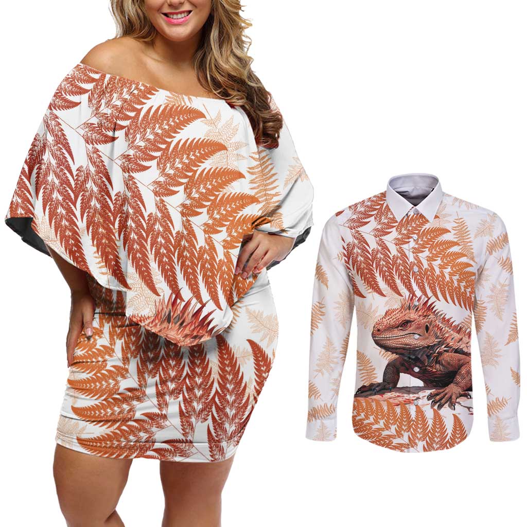 Red New Zealand Tuatara Couples Matching Off Shoulder Short Dress and Long Sleeve Button Shirt Aotearoa Sphenodon Punctatus Silver Fern LT14 Red - Polynesian Pride