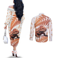 Red New Zealand Tuatara Couples Matching Off The Shoulder Long Sleeve Dress and Long Sleeve Button Shirt Aotearoa Sphenodon Punctatus Silver Fern