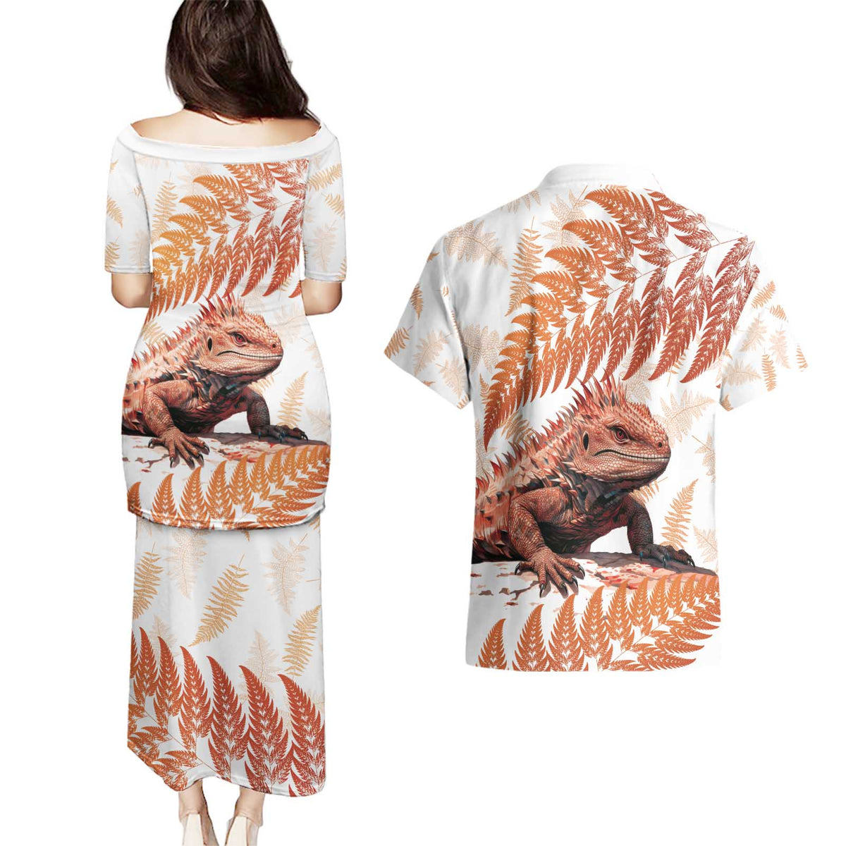 Red New Zealand Tuatara Couples Matching Puletasi and Hawaiian Shirt Aotearoa Sphenodon Punctatus Silver Fern