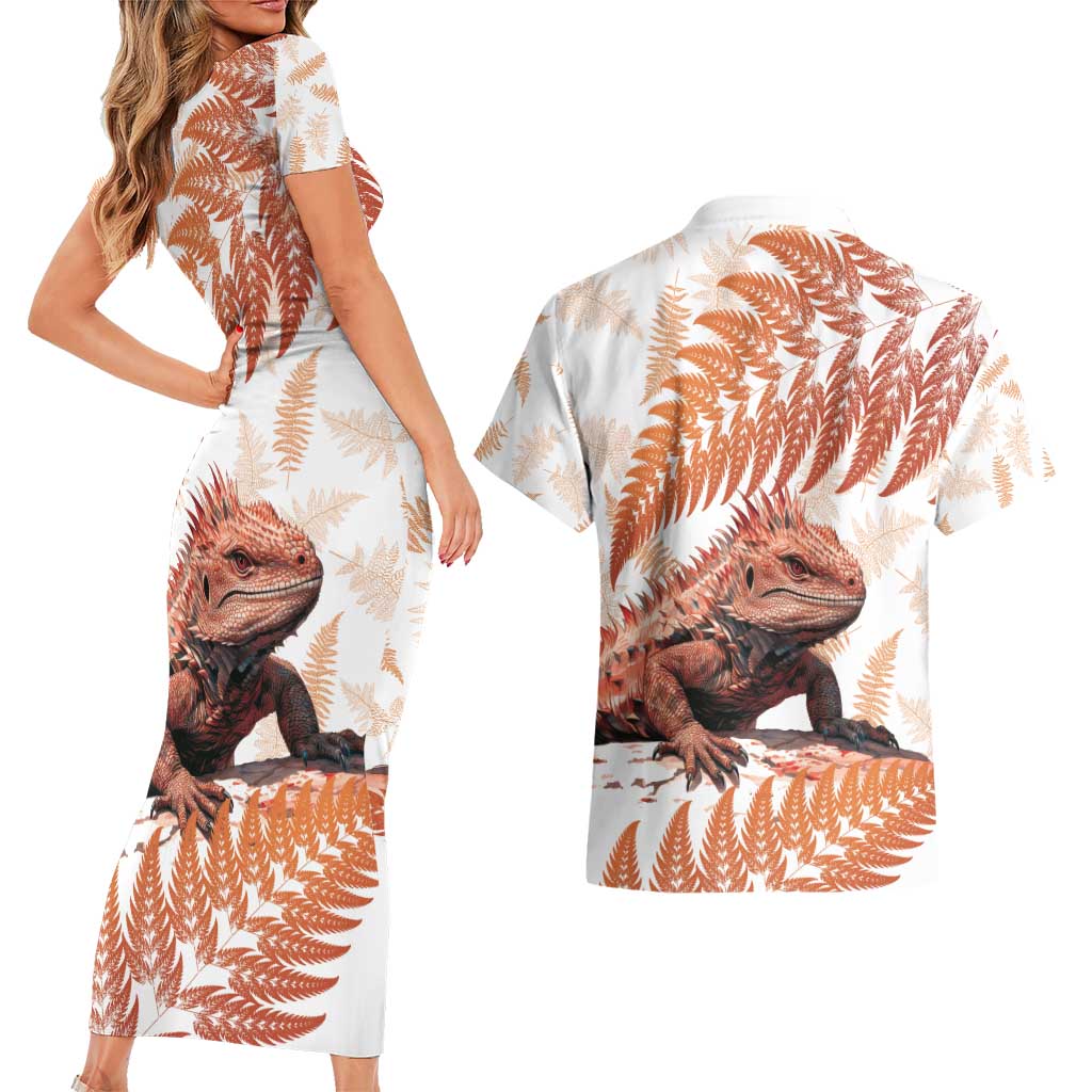 Red New Zealand Tuatara Couples Matching Short Sleeve Bodycon Dress and Hawaiian Shirt Aotearoa Sphenodon Punctatus Silver Fern