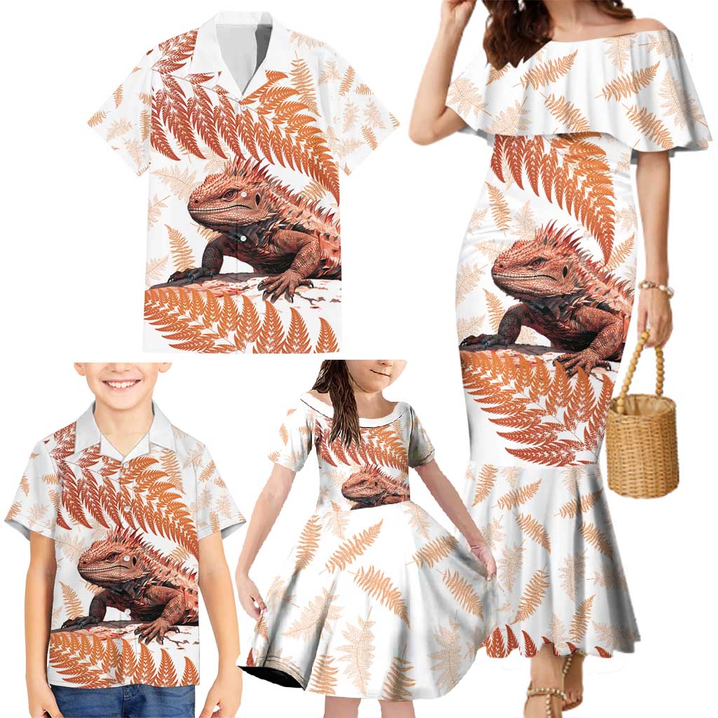 Red New Zealand Tuatara Family Matching Mermaid Dress and Hawaiian Shirt Aotearoa Sphenodon Punctatus Silver Fern