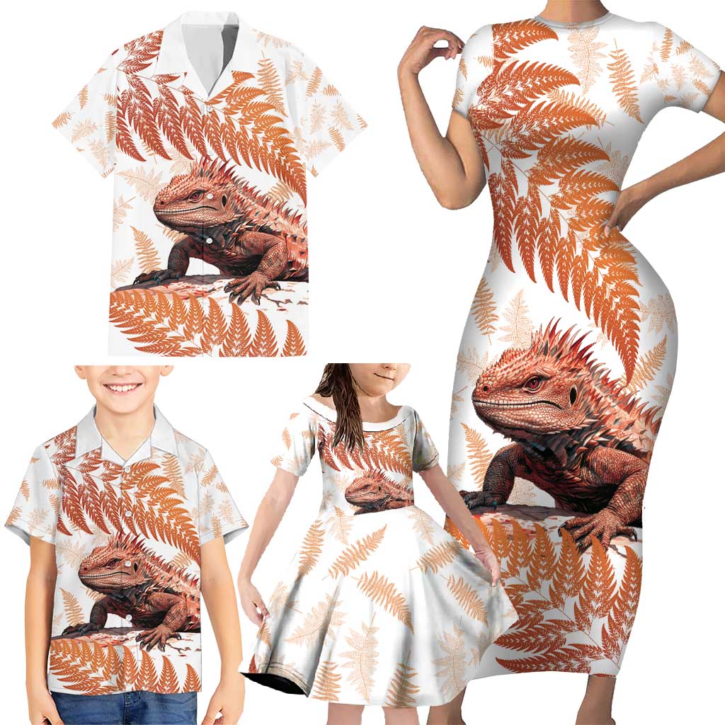 Red New Zealand Tuatara Family Matching Short Sleeve Bodycon Dress and Hawaiian Shirt Aotearoa Sphenodon Punctatus Silver Fern