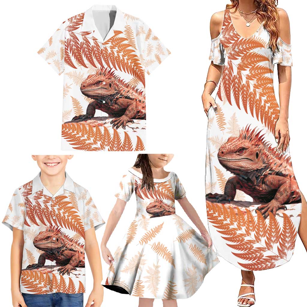 Red New Zealand Tuatara Family Matching Summer Maxi Dress and Hawaiian Shirt Aotearoa Sphenodon Punctatus Silver Fern