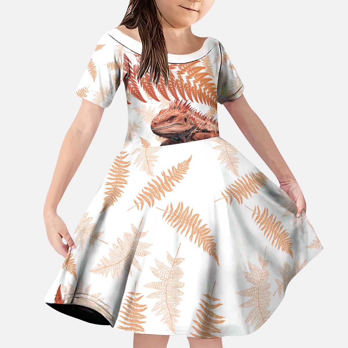 Red New Zealand Tuatara Kid Short Sleeve Dress Aotearoa Sphenodon Punctatus Silver Fern