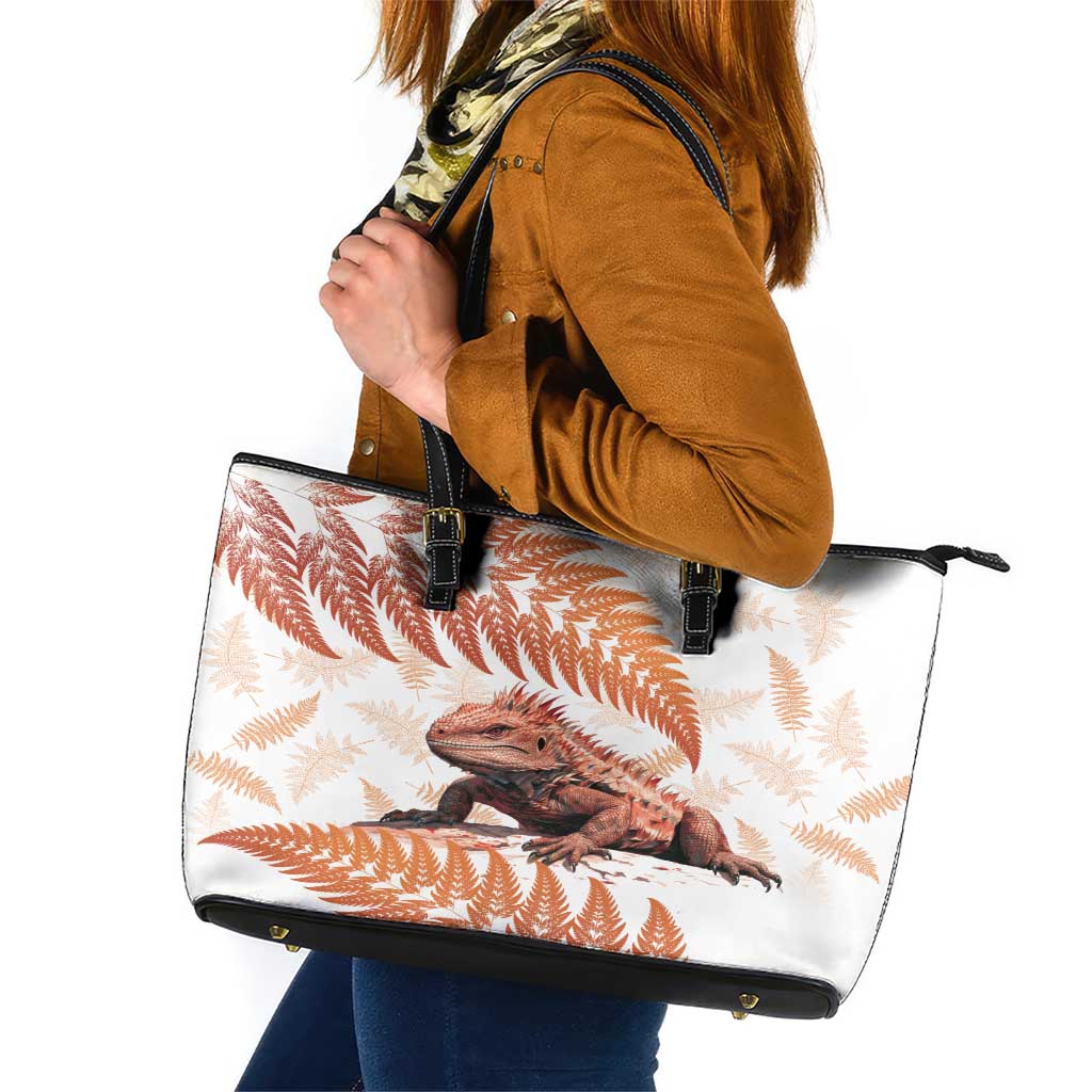 Red New Zealand Tuatara Leather Tote Bag Aotearoa Sphenodon Punctatus Silver Fern