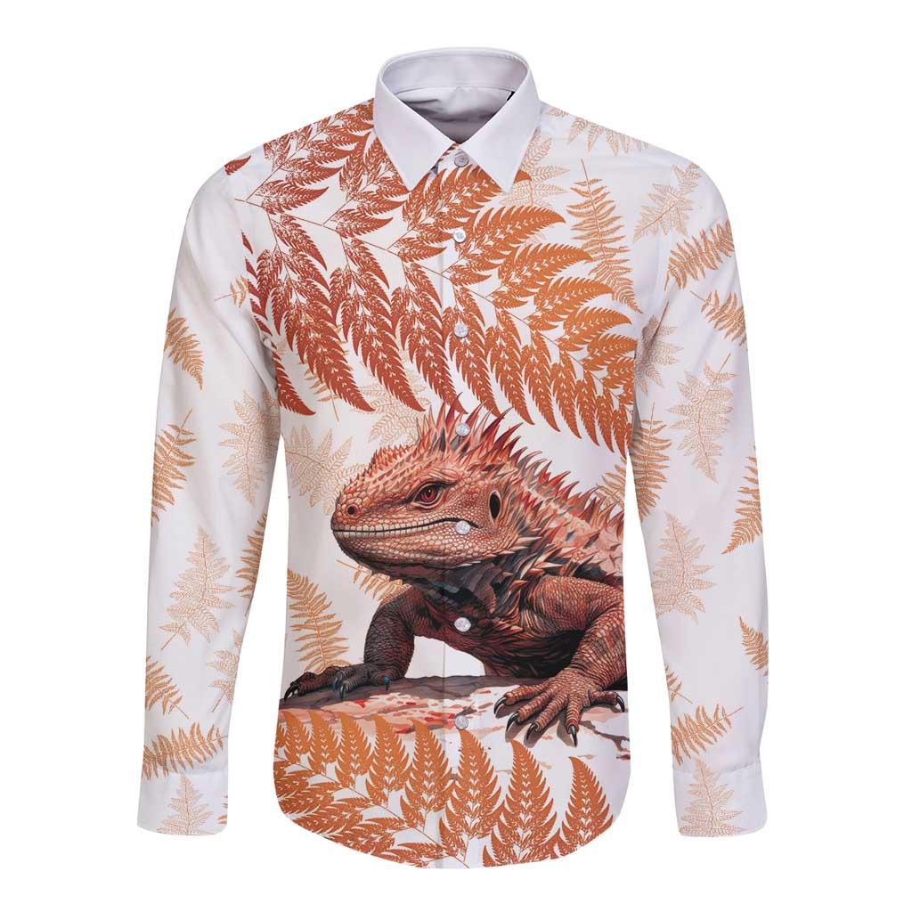 Red New Zealand Tuatara Long Sleeve Button Shirt Aotearoa Sphenodon Punctatus Silver Fern