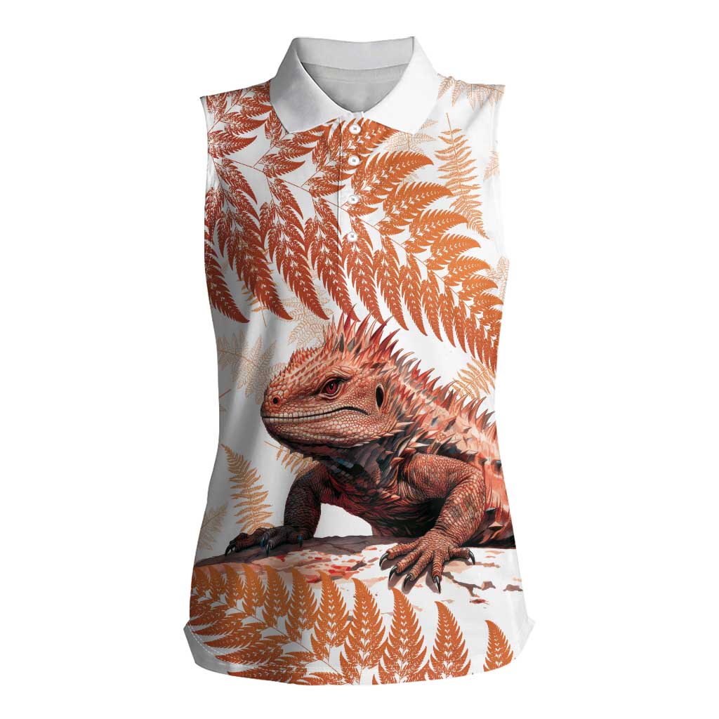 Red New Zealand Tuatara Women Sleeveless Polo Shirt Aotearoa Sphenodon Punctatus Silver Fern