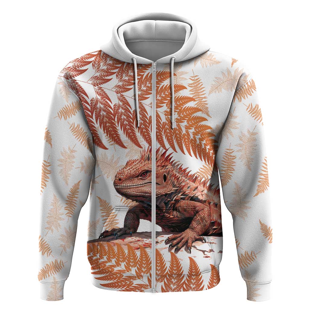 Red New Zealand Tuatara Zip Hoodie Aotearoa Sphenodon Punctatus Silver Fern