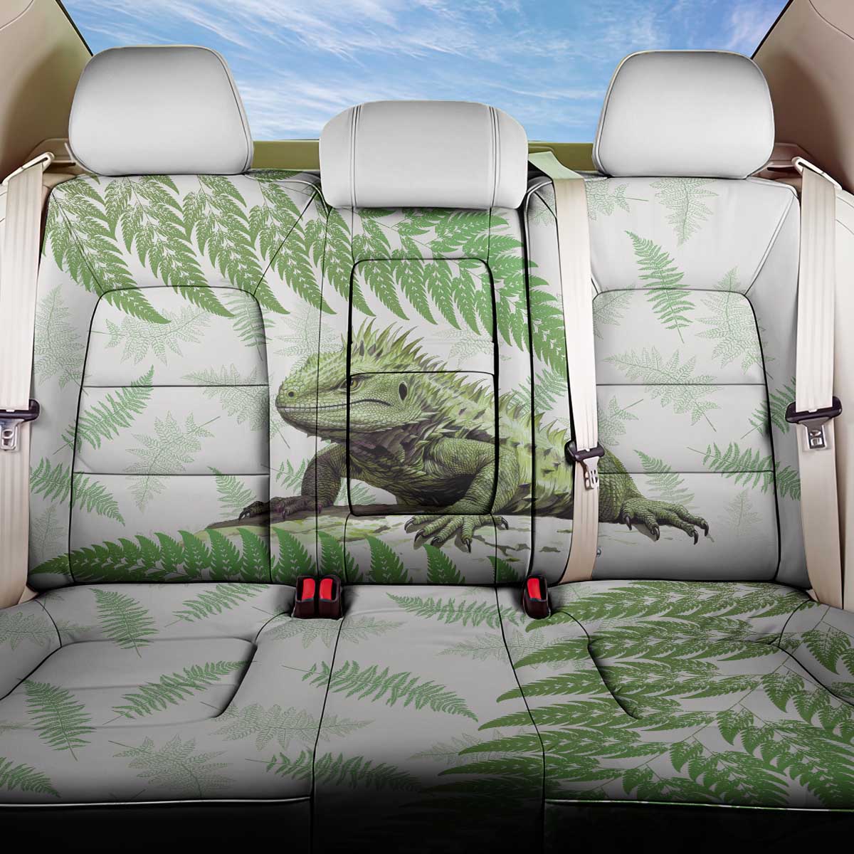 Green New Zealand Tuatara Back Car Seat Cover Aotearoa Sphenodon Punctatus Silver Fern