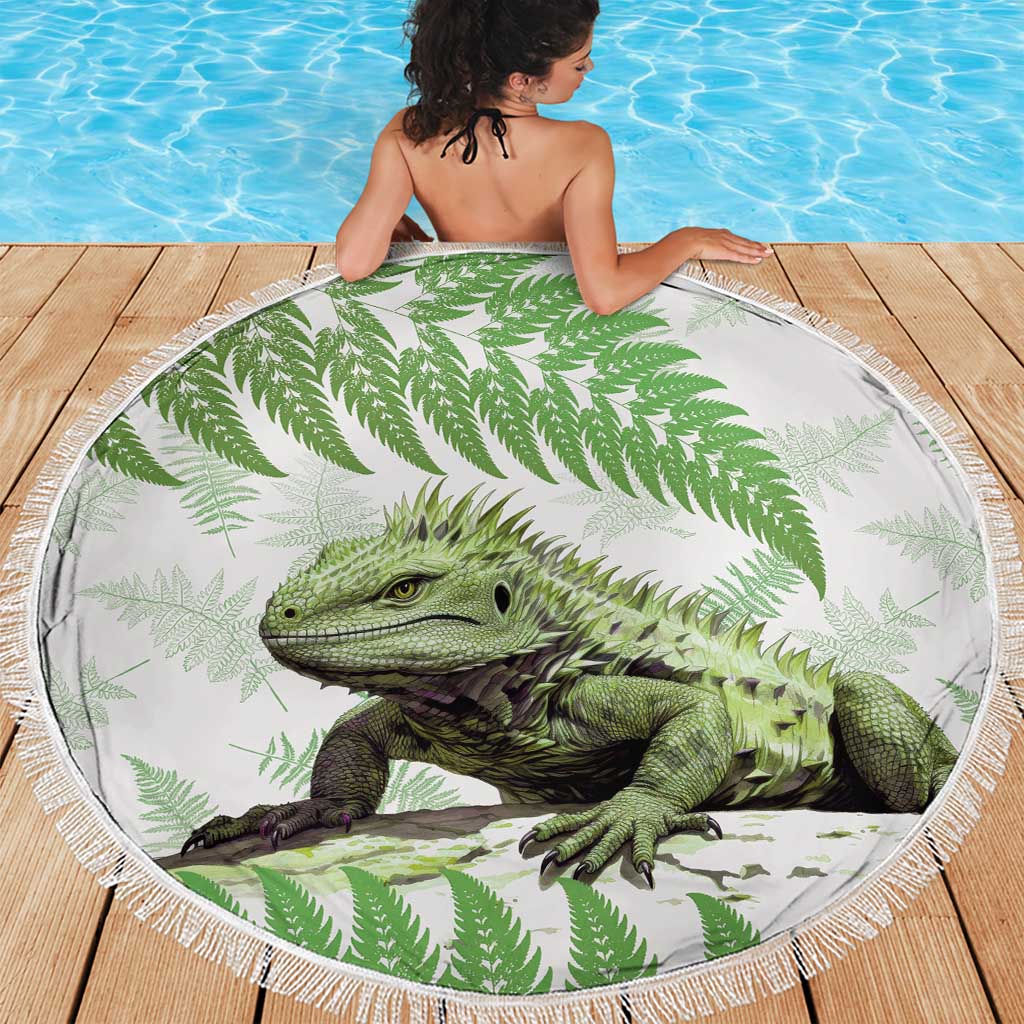Green New Zealand Tuatara Beach Blanket Aotearoa Sphenodon Punctatus Silver Fern LT14 - Polynesian Pride