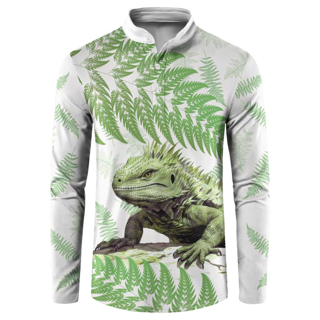 Green New Zealand Tuatara Button Sweatshirt Aotearoa Sphenodon Punctatus Silver Fern LT14 Green - Polynesian Pride