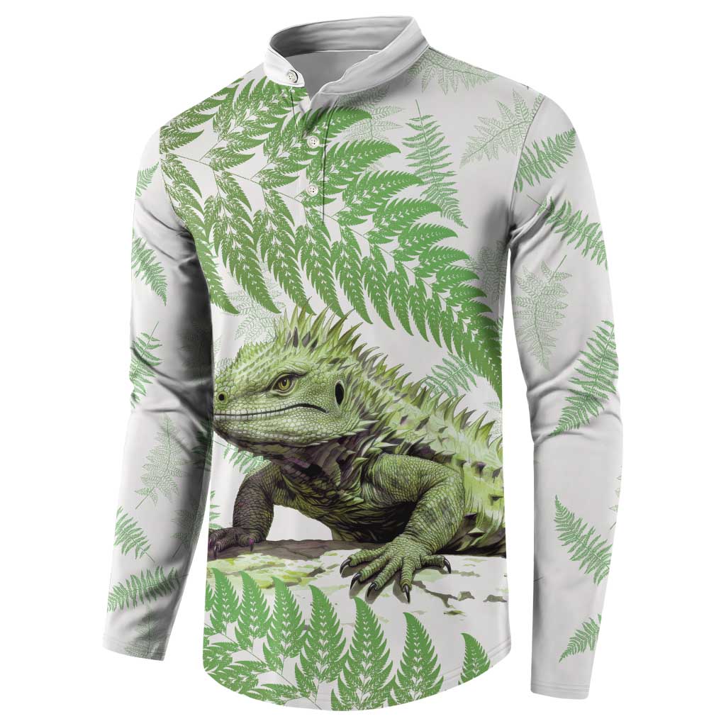 Green New Zealand Tuatara Button Sweatshirt Aotearoa Sphenodon Punctatus Silver Fern LT14 - Polynesian Pride