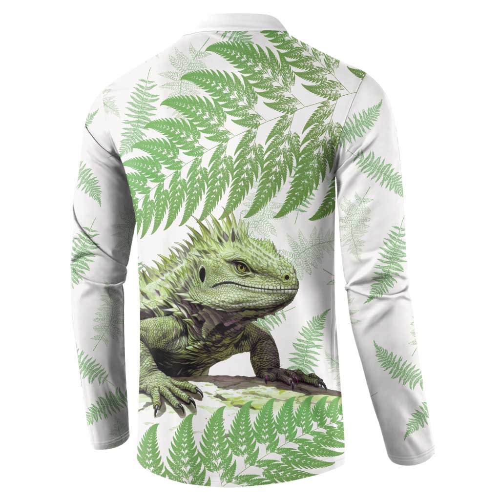 Green New Zealand Tuatara Button Sweatshirt Aotearoa Sphenodon Punctatus Silver Fern LT14 - Polynesian Pride