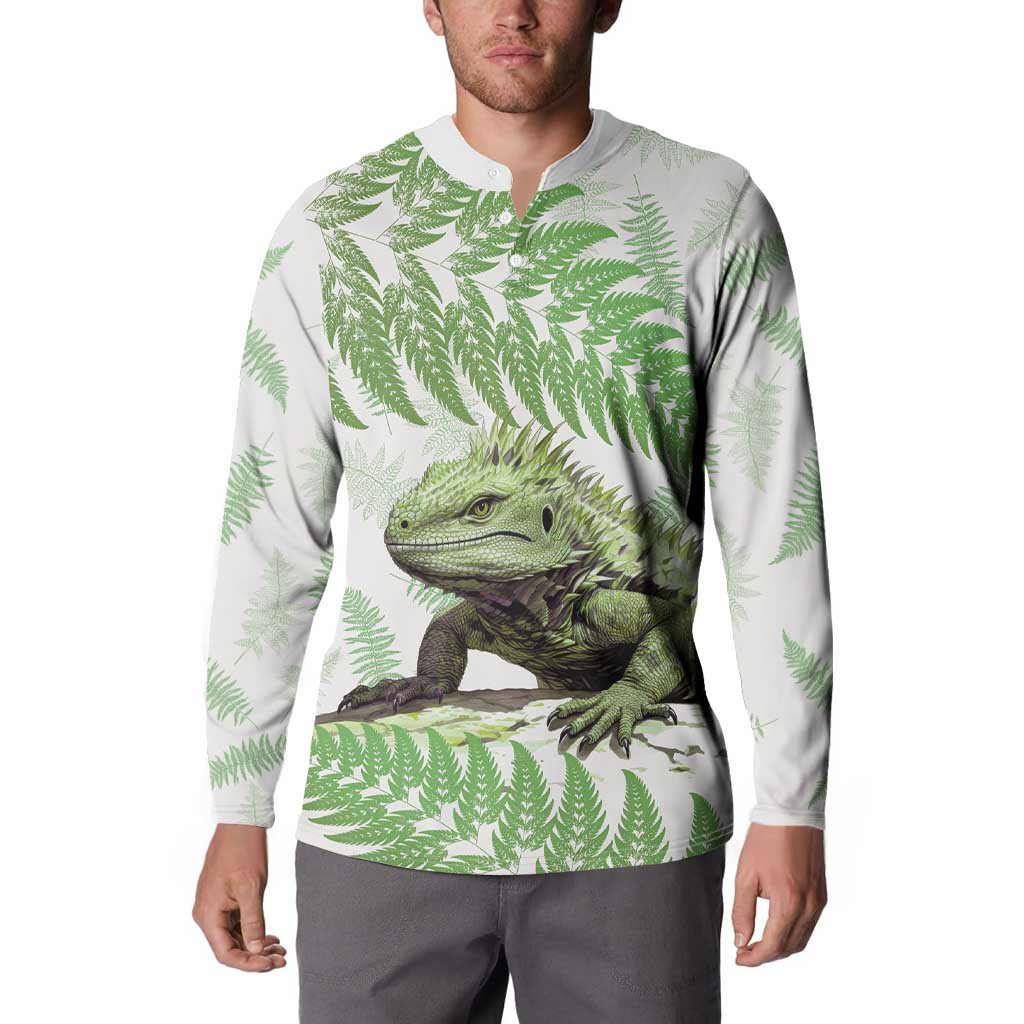 Green New Zealand Tuatara Button Sweatshirt Aotearoa Sphenodon Punctatus Silver Fern LT14 - Polynesian Pride