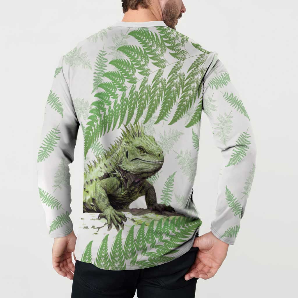 Green New Zealand Tuatara Button Sweatshirt Aotearoa Sphenodon Punctatus Silver Fern LT14 - Polynesian Pride