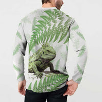 Green New Zealand Tuatara Button Sweatshirt Aotearoa Sphenodon Punctatus Silver Fern LT14 - Polynesian Pride