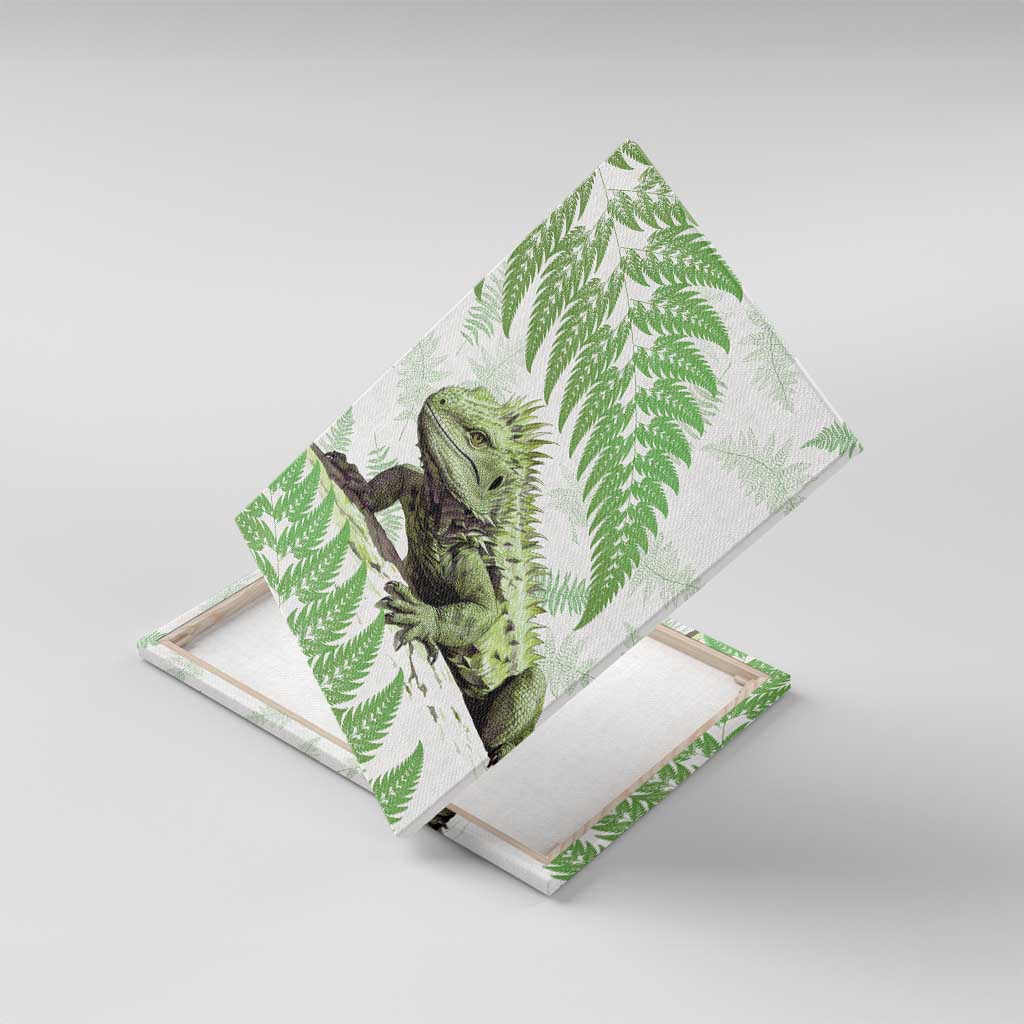 Green New Zealand Tuatara Canvas Wall Art Aotearoa Sphenodon Punctatus Silver Fern LT14 With Frame Green - Polynesian Pride
