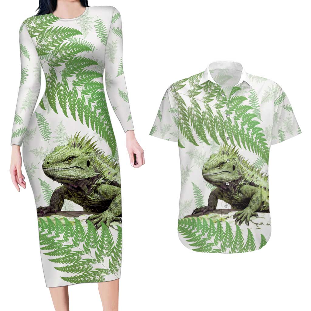 Green New Zealand Tuatara Couples Matching Long Sleeve Bodycon Dress and Hawaiian Shirt Aotearoa Sphenodon Punctatus Silver Fern