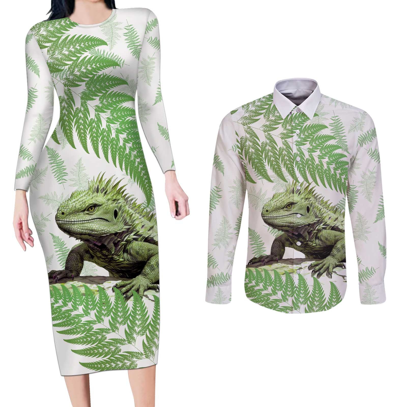 Green New Zealand Tuatara Couples Matching Long Sleeve Bodycon Dress and Long Sleeve Button Shirt Aotearoa Sphenodon Punctatus Silver Fern LT14 Green - Polynesian Pride